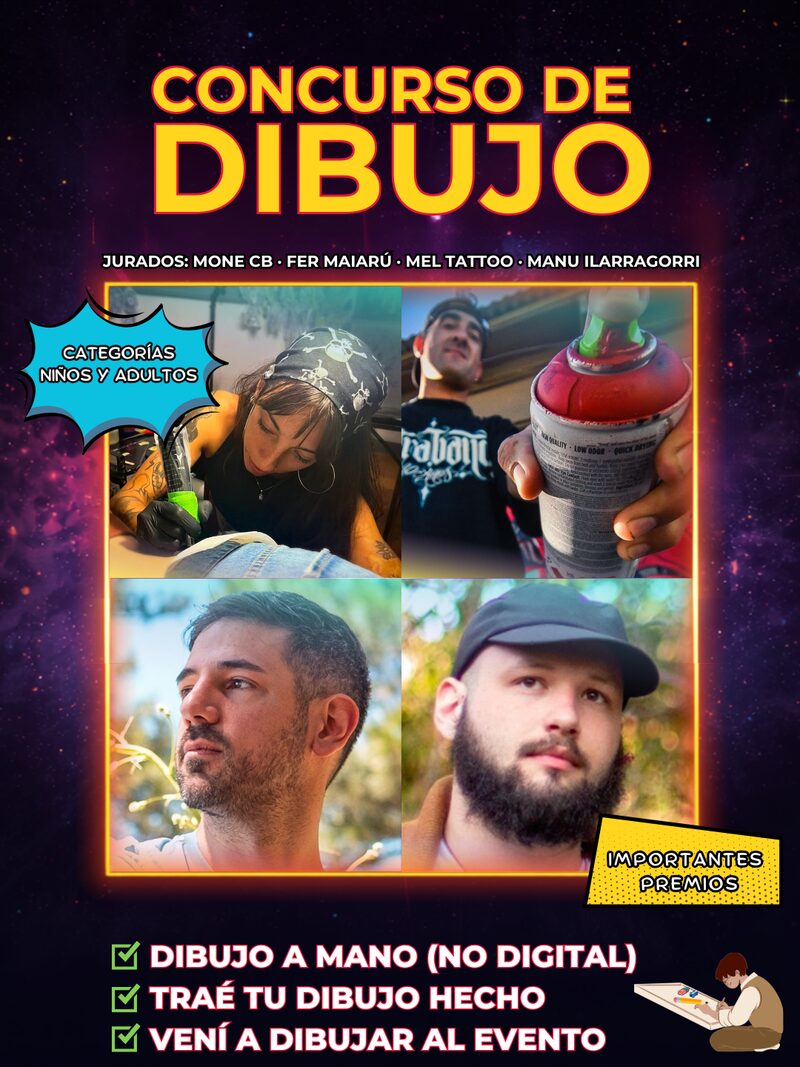 Afiche del Concurso de Dibujo de Tandil Con en Tandil, categorías niños y adultos, jurado Mone CB, Fer Maiarú, Mel Tattoo y Manu Ilarragorri