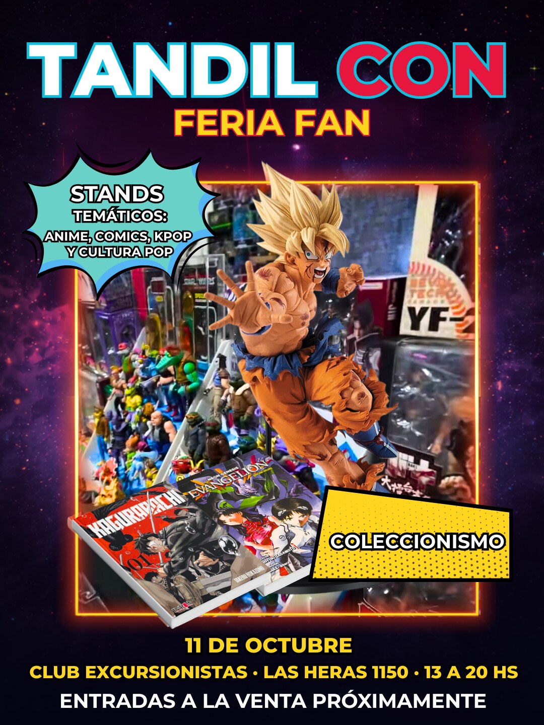 Afiche de la Feria Fan de Tandil Con, stands temáticos de anime, comics, K-pop y coleccionismo